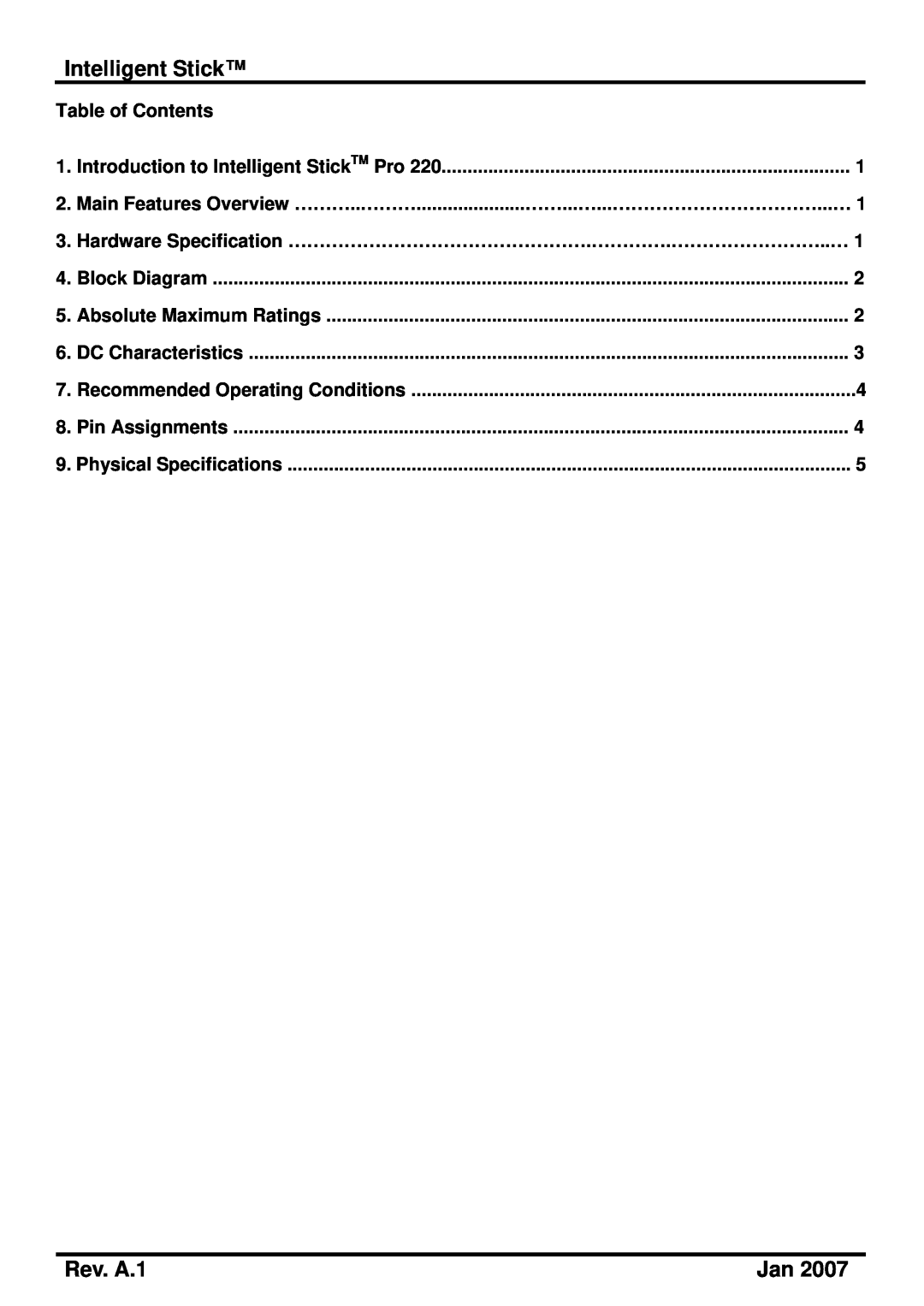 PQI Pro 220 manual Intelligent Stick, Rev. A.1, Table of Contents 
