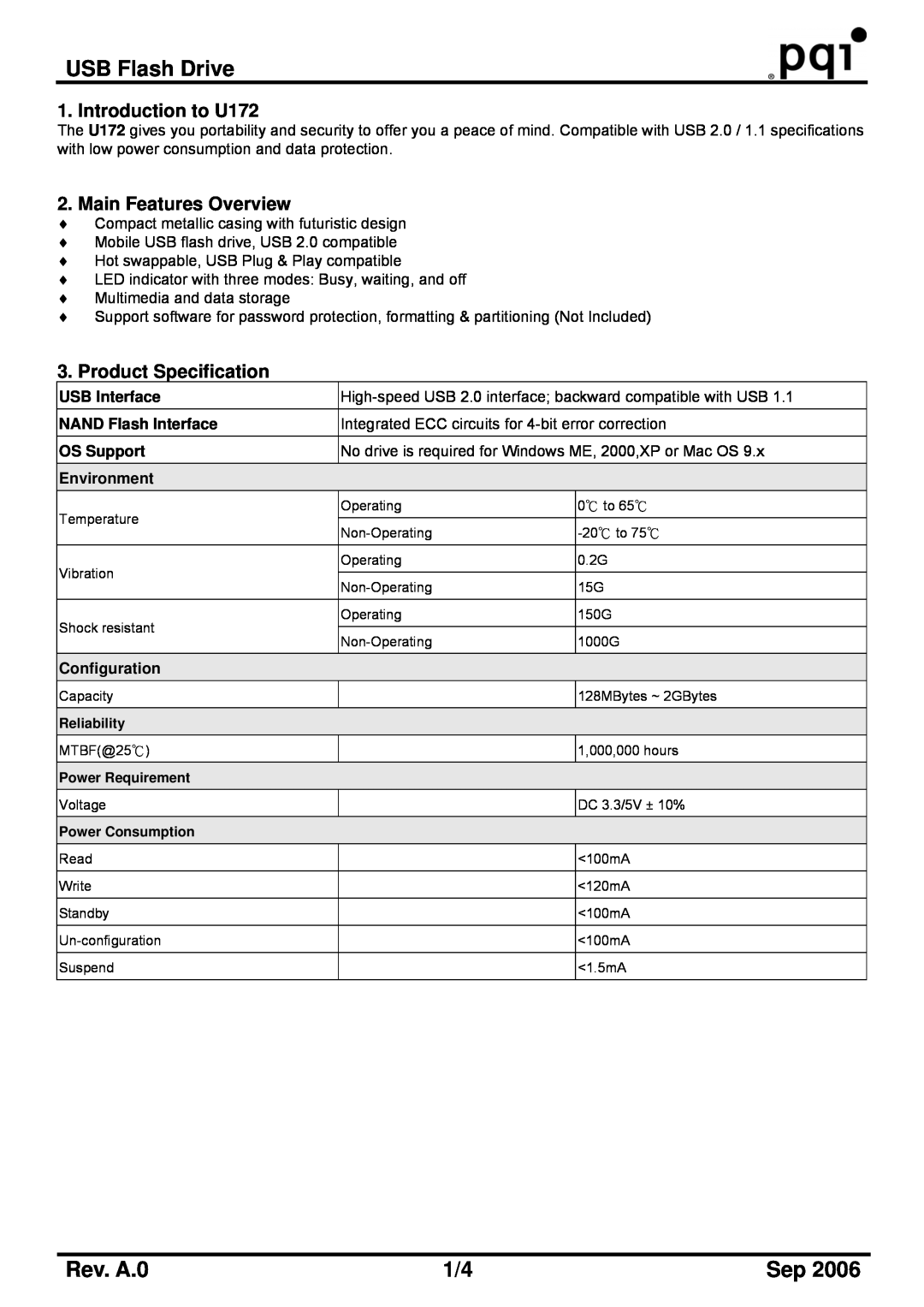 PQI manual USB Flash Drive, Rev. A.0, Introduction to U172, Main Features Overview, Product Specification, Configuration 