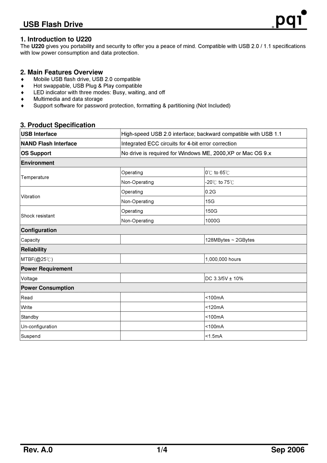 PQI manual Introduction to U220, Main Features Overview, Product Specification 