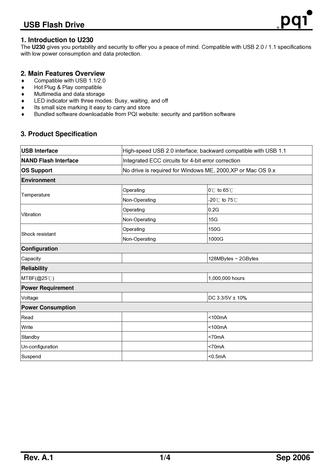 PQI manual Introduction to U230, Main Features Overview, Product Specification 