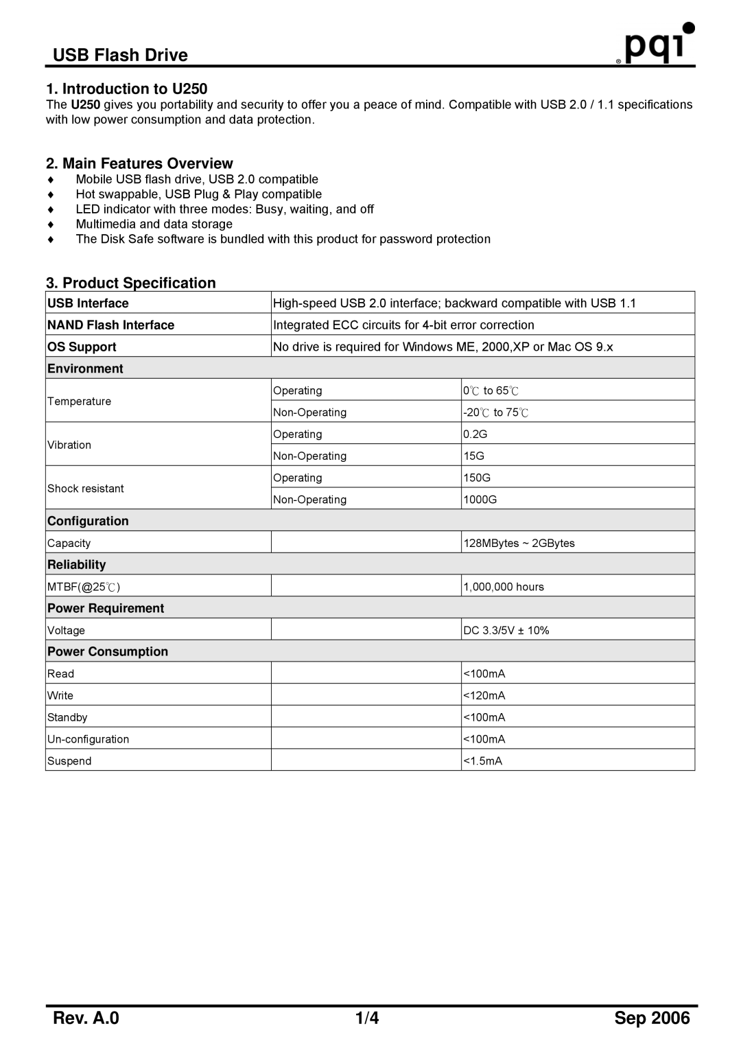 PQI manual Introduction to U250, Main Features Overview, Product Specification 