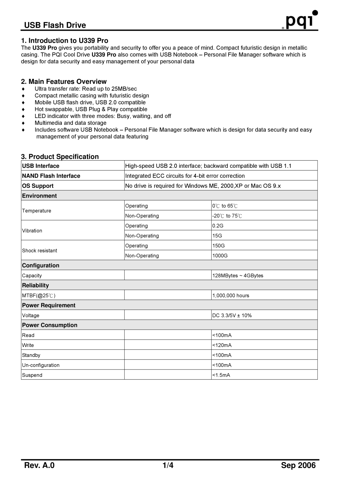 PQI manual Introduction to U339 Pro, Main Features Overview, Product Specification 