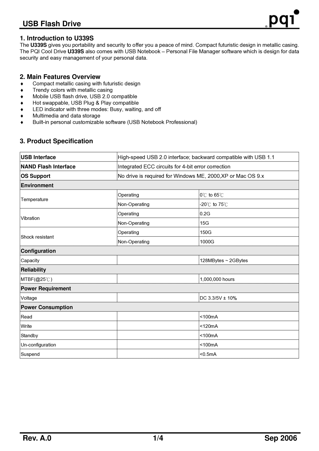 PQI manual Introduction to U339S, Main Features Overview, Product Specification 