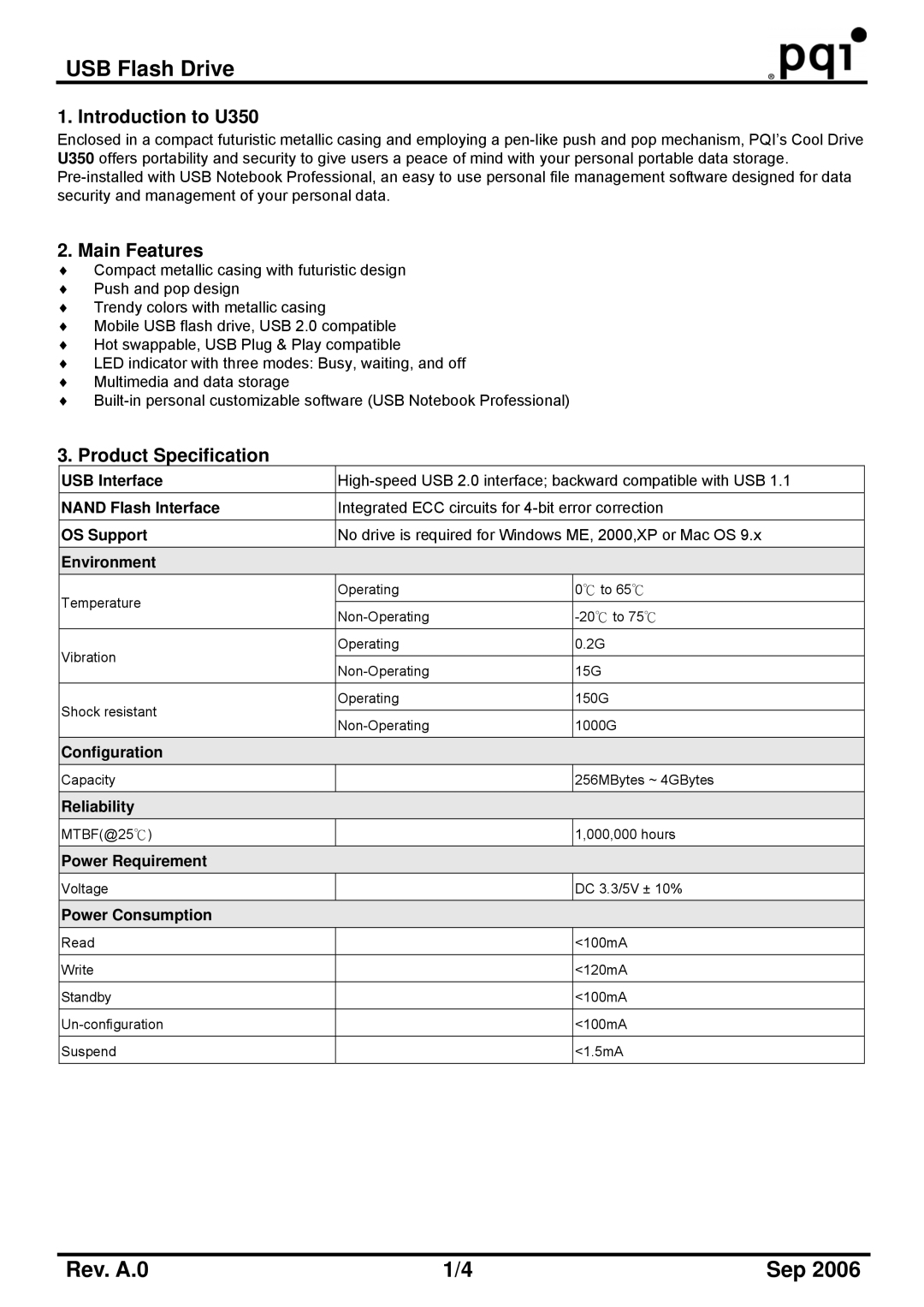 PQI manual Introduction to U350, Main Features, Product Specification 