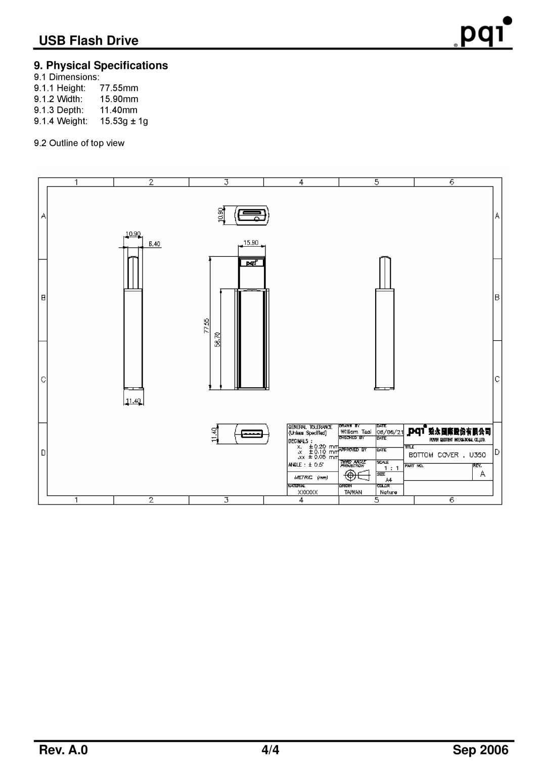 PQI U350 manual Physical Specifications 