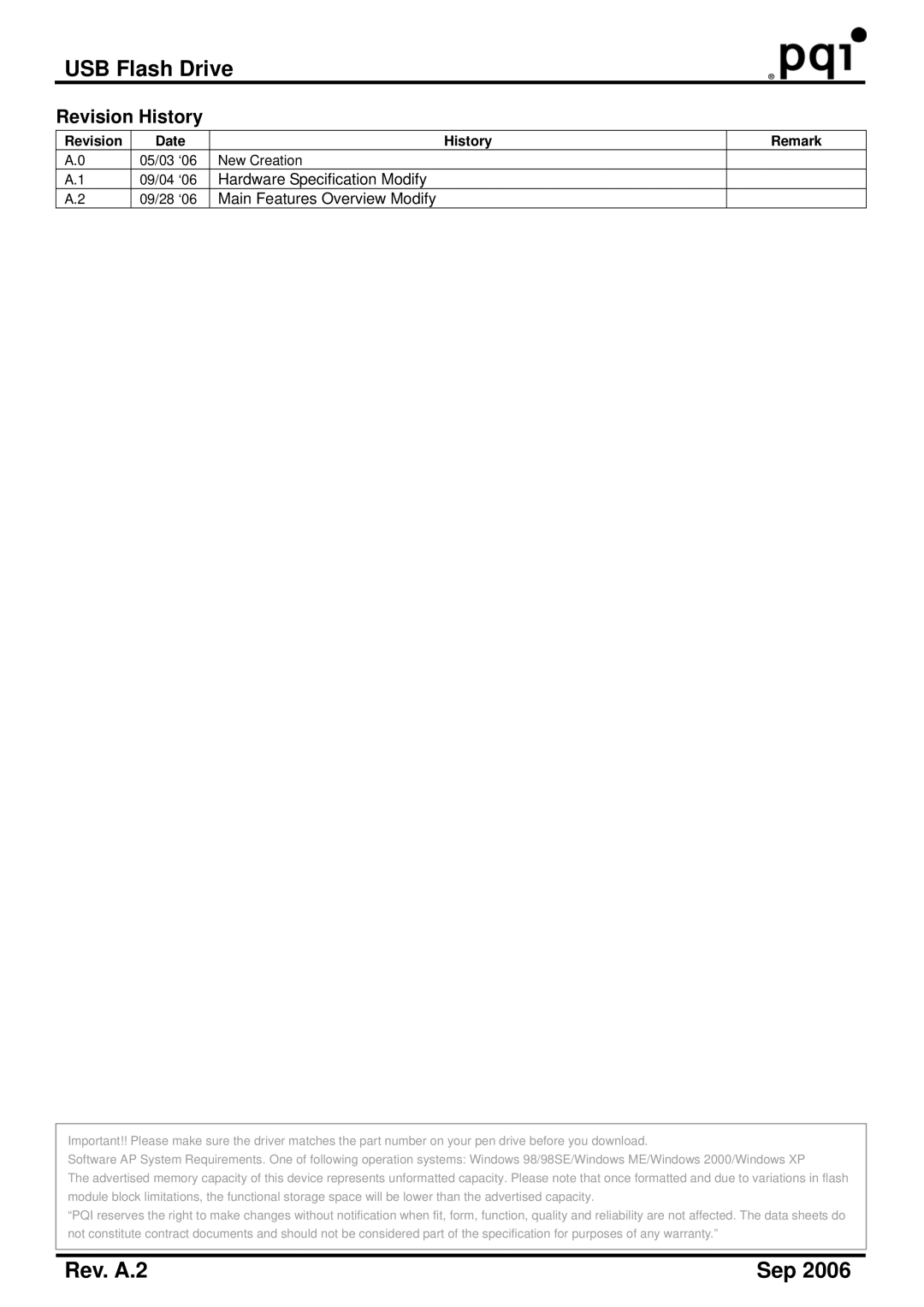 PQI U510 Soccer, U510 Pro manual Revision History, Hardware Specification Modify, Main Features Overview Modify 