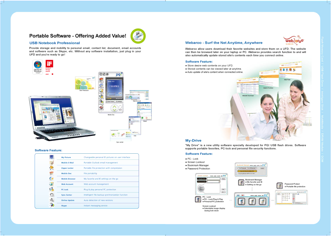 PQI U510 manual Portable Software Offering Added Value, USB Notebook Professional, Webaroo Surf the Net Anytime, Anywhere 