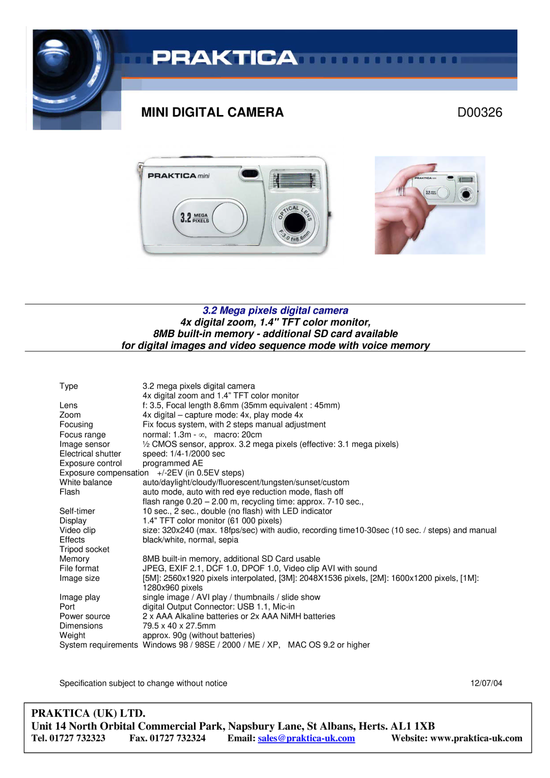 Praktica D00326 manual Mini Digital Camera, Mega pixels digital camera 