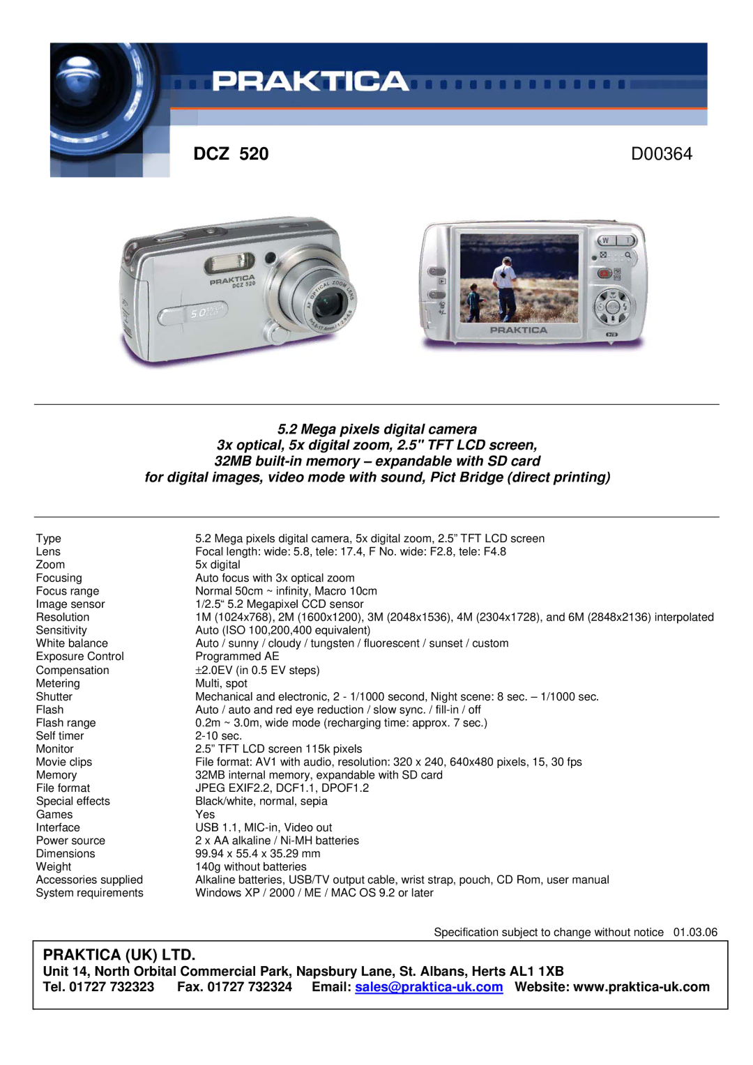 Praktica manual DCZ520D00364, Mega pixels digital camera, 3x optical, 5x digital zoom, 2.5 TFT LCD screen 