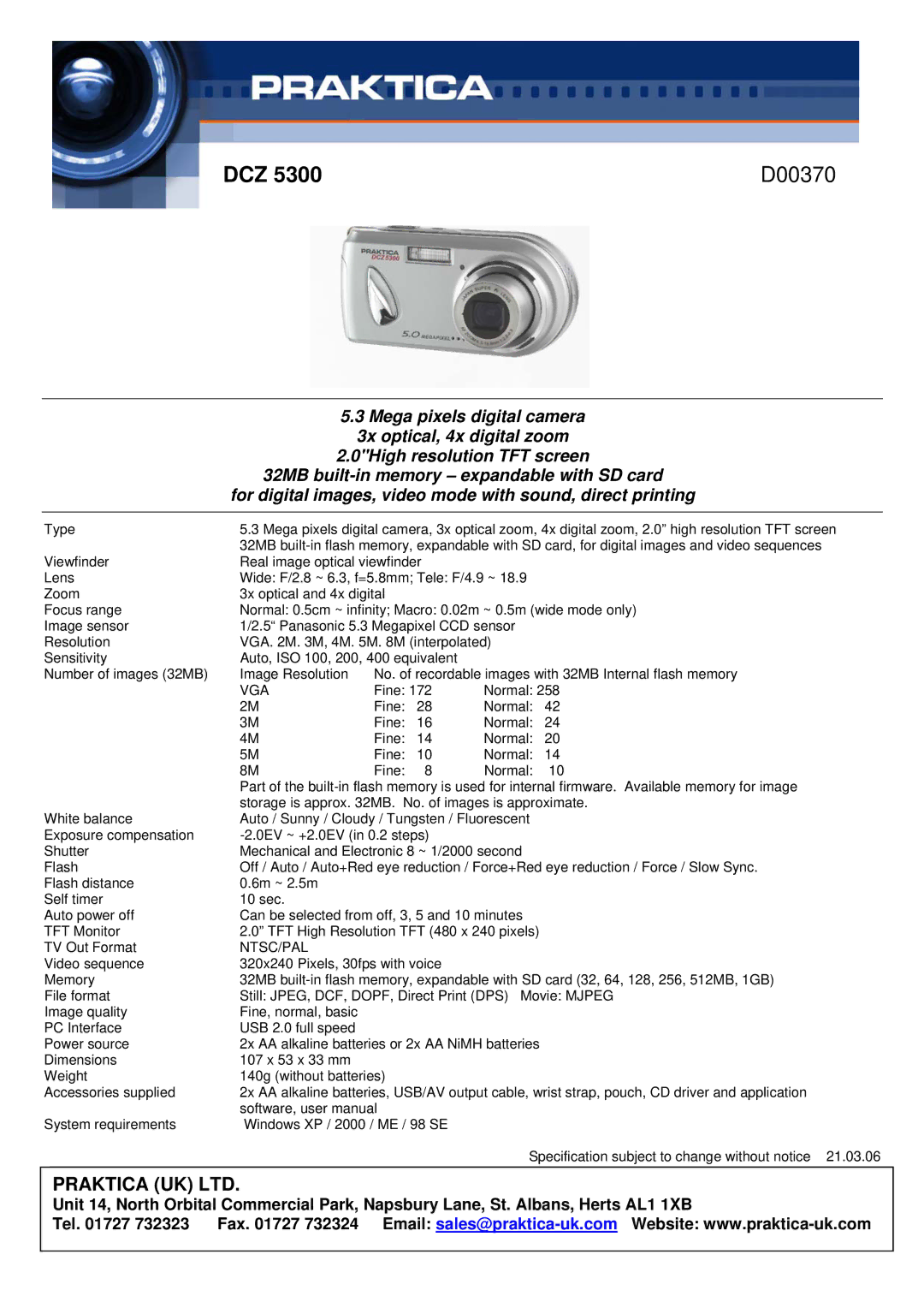 Praktica manual DCZ D00370, Type, Vga, TV Out Format, Ntsc/Pal 