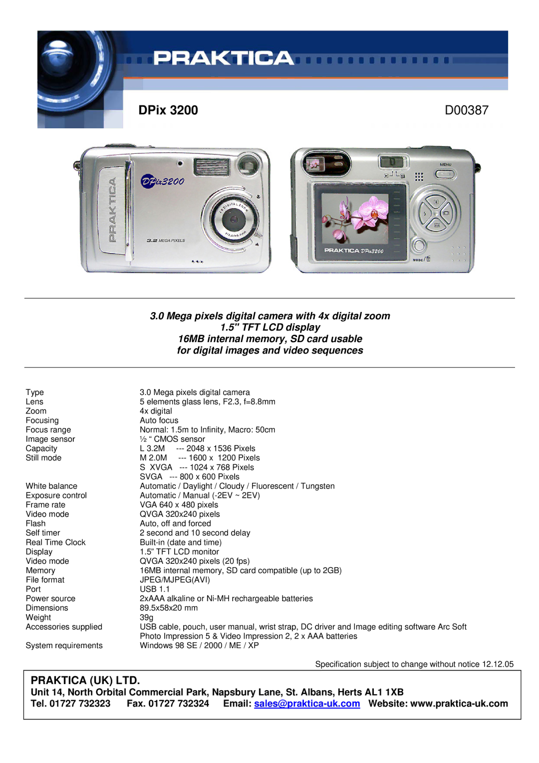 Praktica manual DPIXDPix3200D00387, Mega pixels digital camera with 4x digital zoom, TFT LCD display 