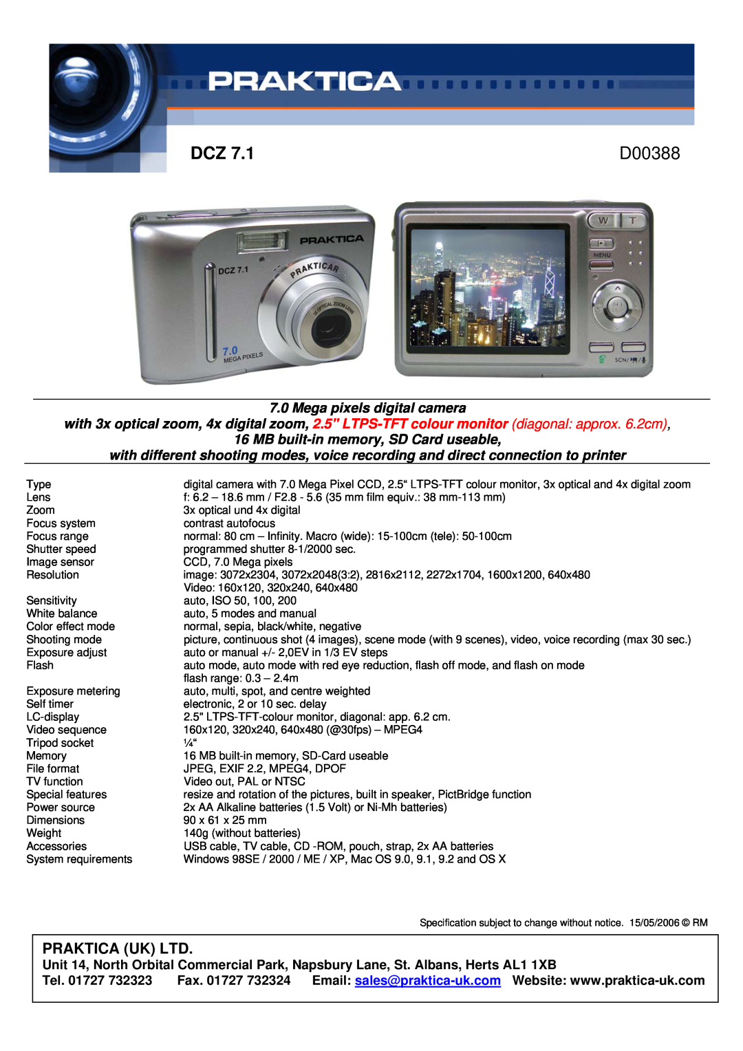 Praktica D00388 manual Praktica Dcz, Mega pixels digital camera, MB built-in memory, SD Card useable 
