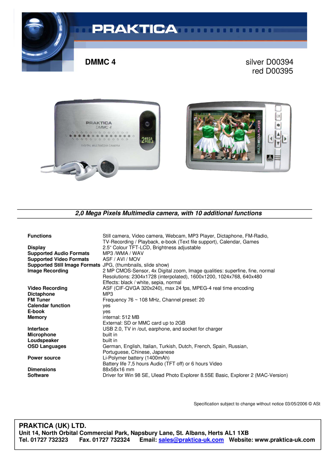 Praktica manual Praktica Dmmc, Silver D00394, Red D00395, Mega Pixels Multimedia camera, with 10 additional functions 