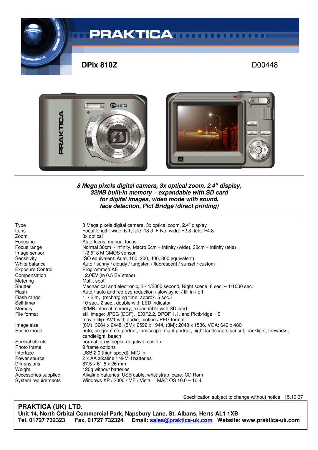 Praktica manual DCZDPix520810ZD00448D00364, Mega pixels digital camera, 3x optical zoom, 2.4 display 