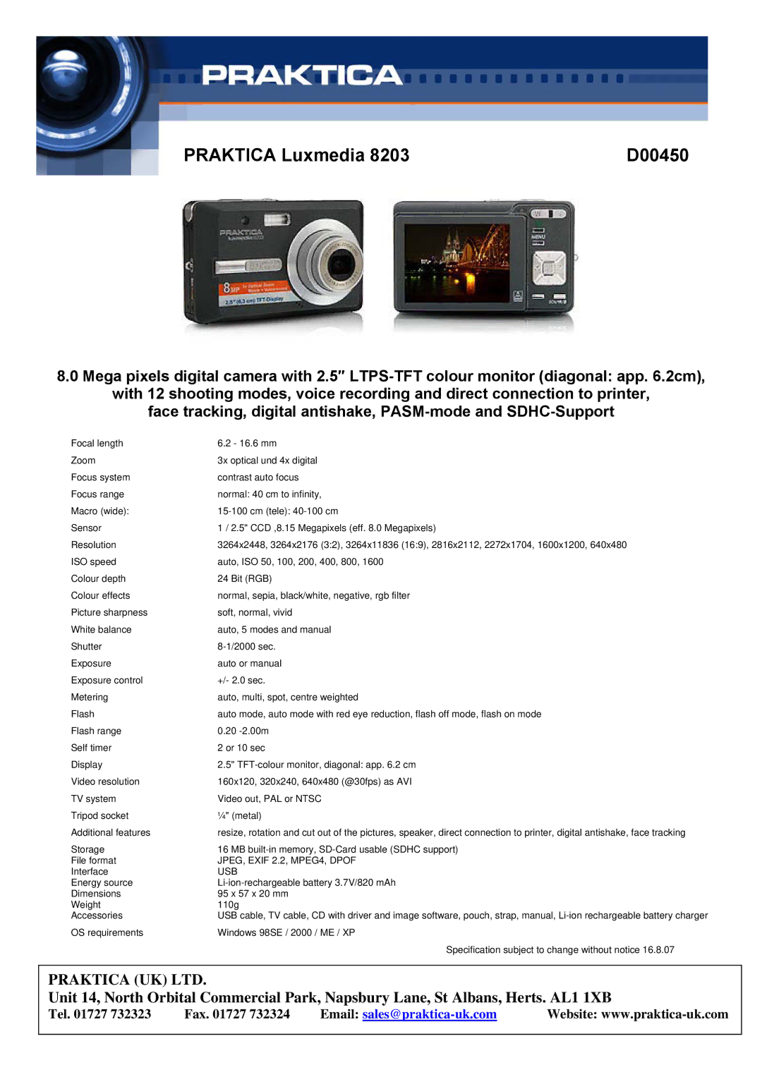 Praktica D00450 manual Praktica Luxmedia, JPEG, Exif 2.2, MPEG4, Dpof, Usb 