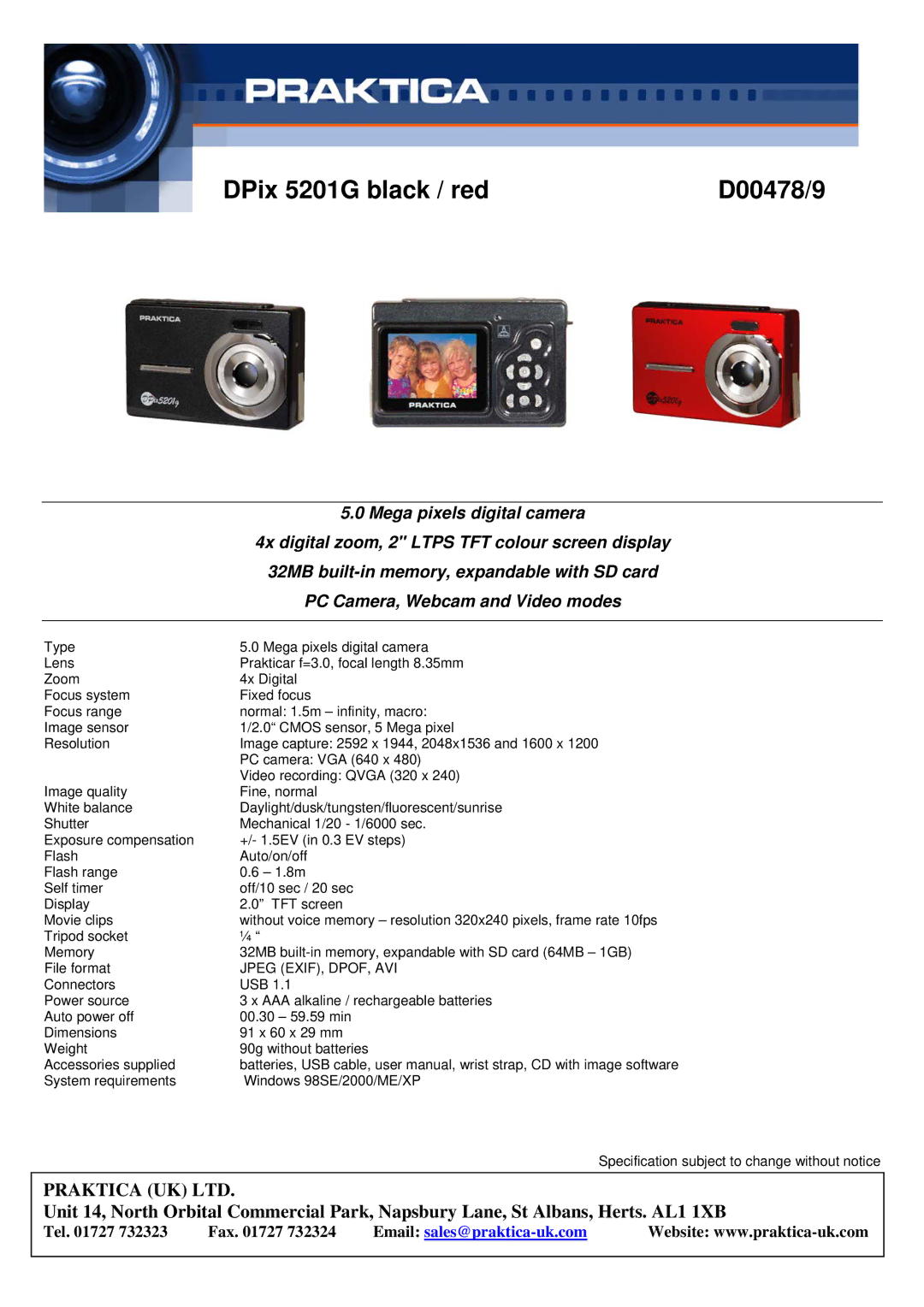 Praktica D00479 manual DPix 5201G black / red D00478/9, Mega pixels digital camera, PC Camera, Webcam and Video modes 