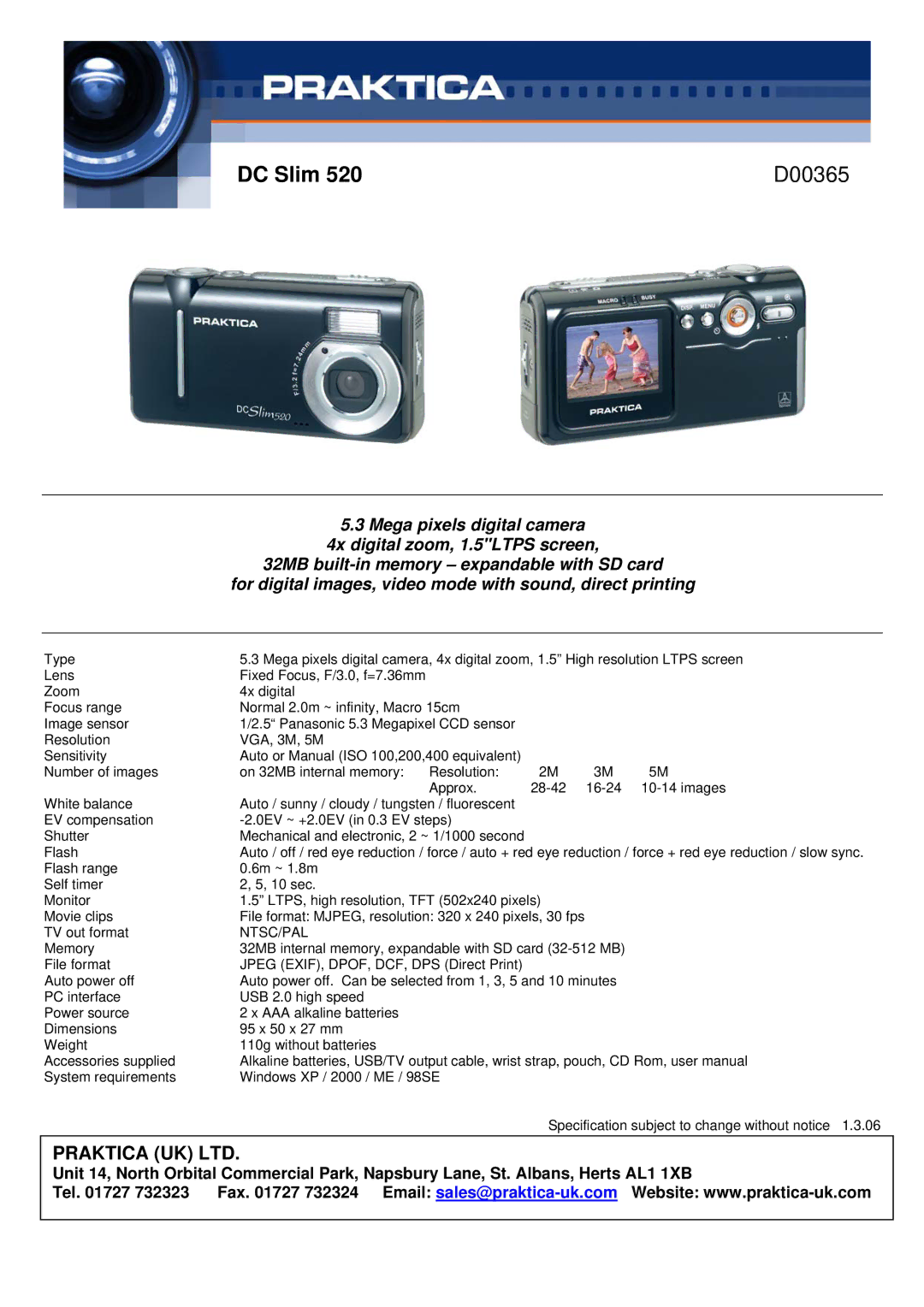 Praktica DC Slim 520 manual DC Slim D00365, Ntsc/Pal 