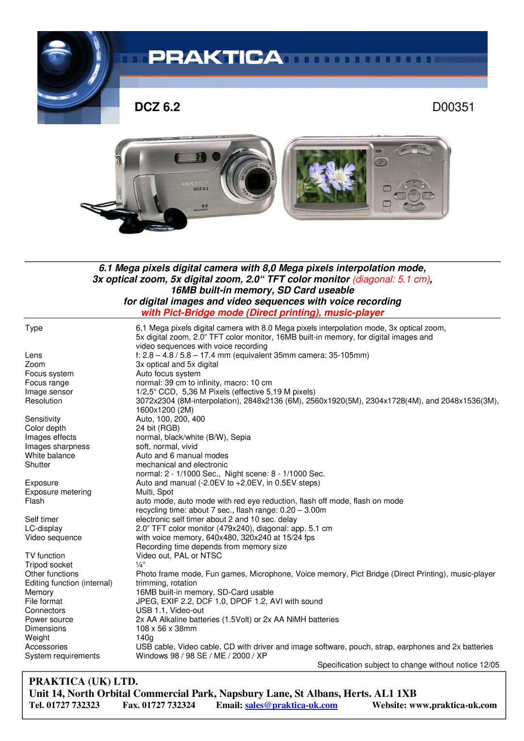 Praktica DCZ 6.2 manual PRAKTICADCZ6.2 DCZ, D00351 D00351, With Pict-Bridge mode Direct printing, music-player 