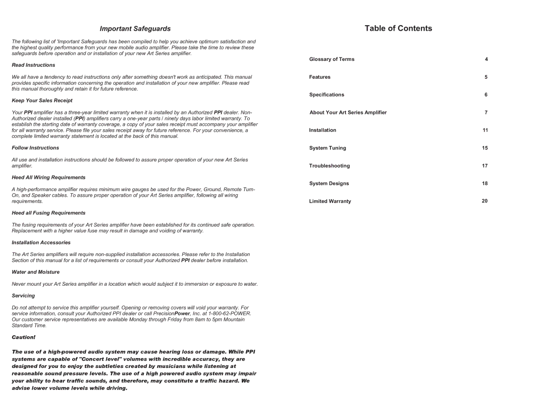 Precision Power A100 manual Table of Contents 