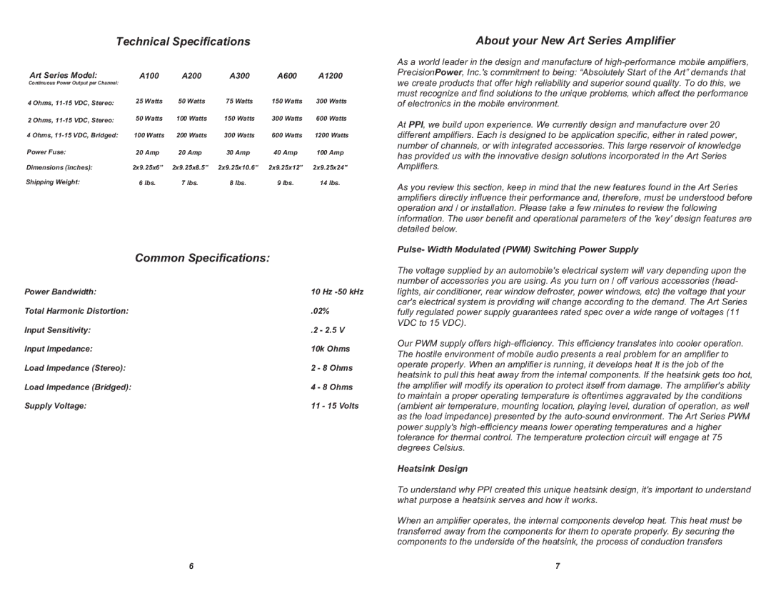 Precision Power A100 manual Common Specifications, Pulse- Width Modulated PWM Switching Power Supply, Heatsink Design 