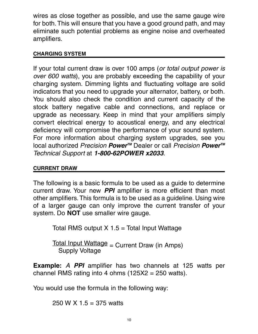 Precision Power A800/2, A1000/2, A500/2 manual Charging System, Current Draw 