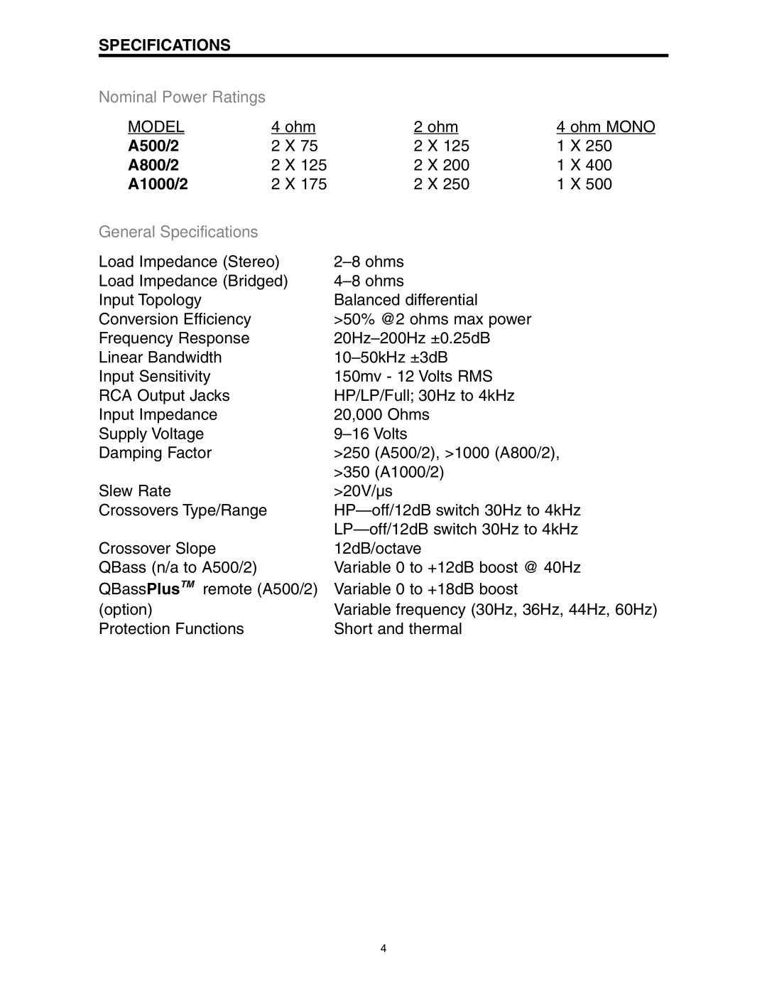 Precision Power A800/2, A1000/2, A500/2 manual General Specifications 