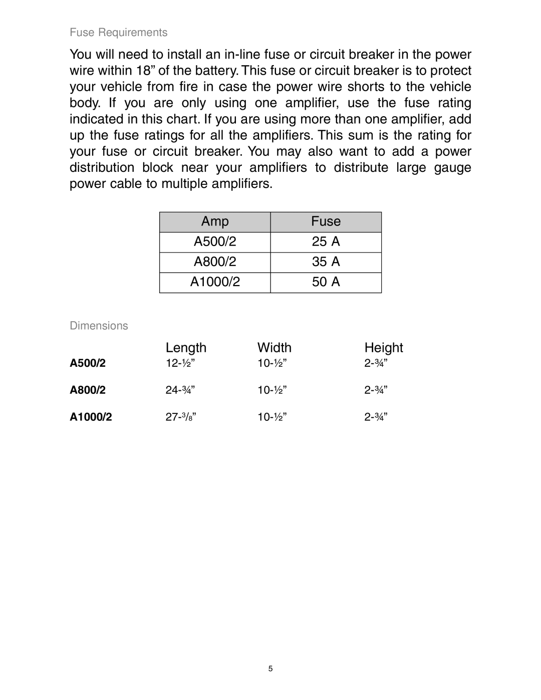 Precision Power A1000/2, A500/2, A800/2 manual Length Width Height 