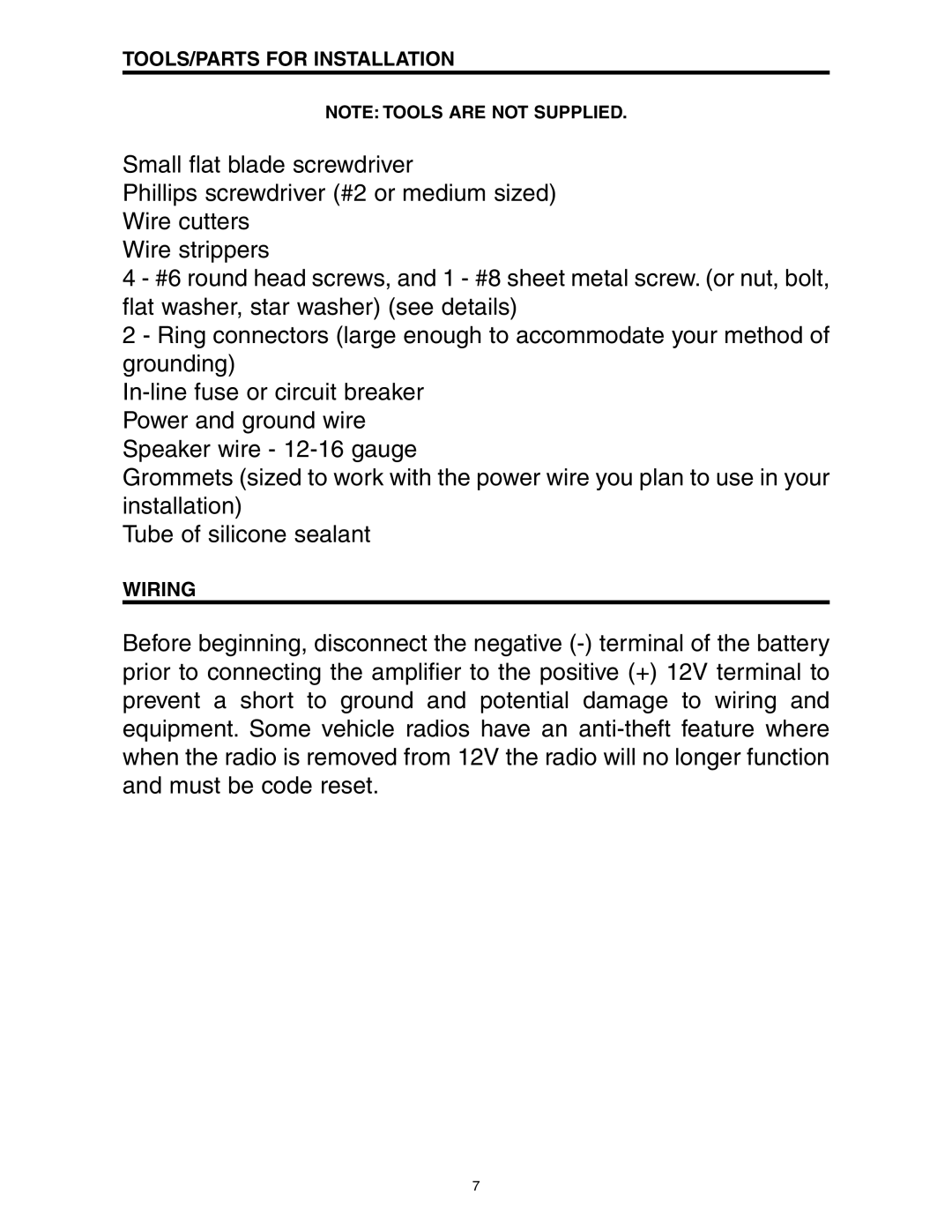 Precision Power A800/2, A1000/2, A500/2 manual TOOLS/PARTS for Installation, Wiring 