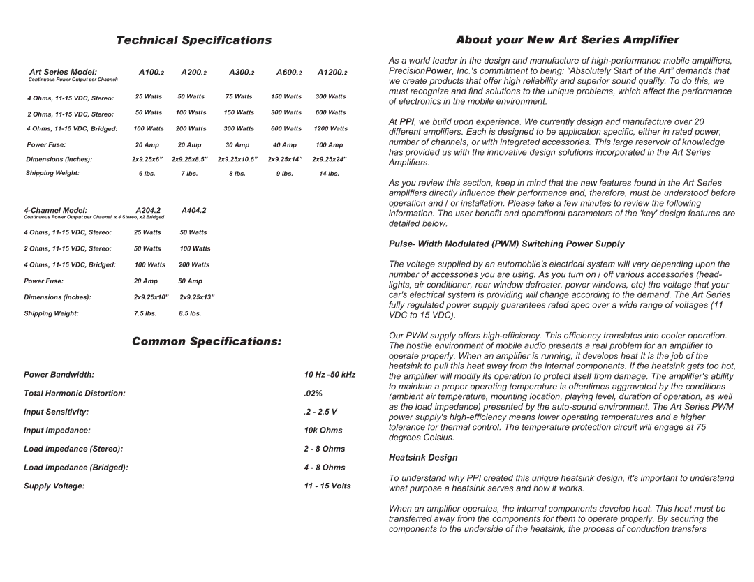 Precision Power Common Specifications, Art Series Model, A100.2 A200.2 A300.2 A600.2 A1200.2, Heatsink Design 