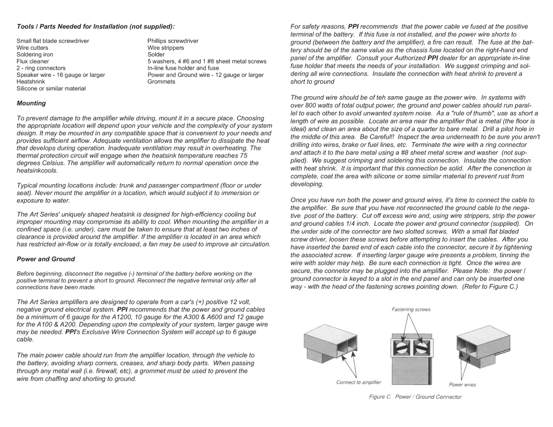 Precision Power A100.2 owner manual Tools / Parts Needed for Installation not supplied, Mounting, Power and Ground 