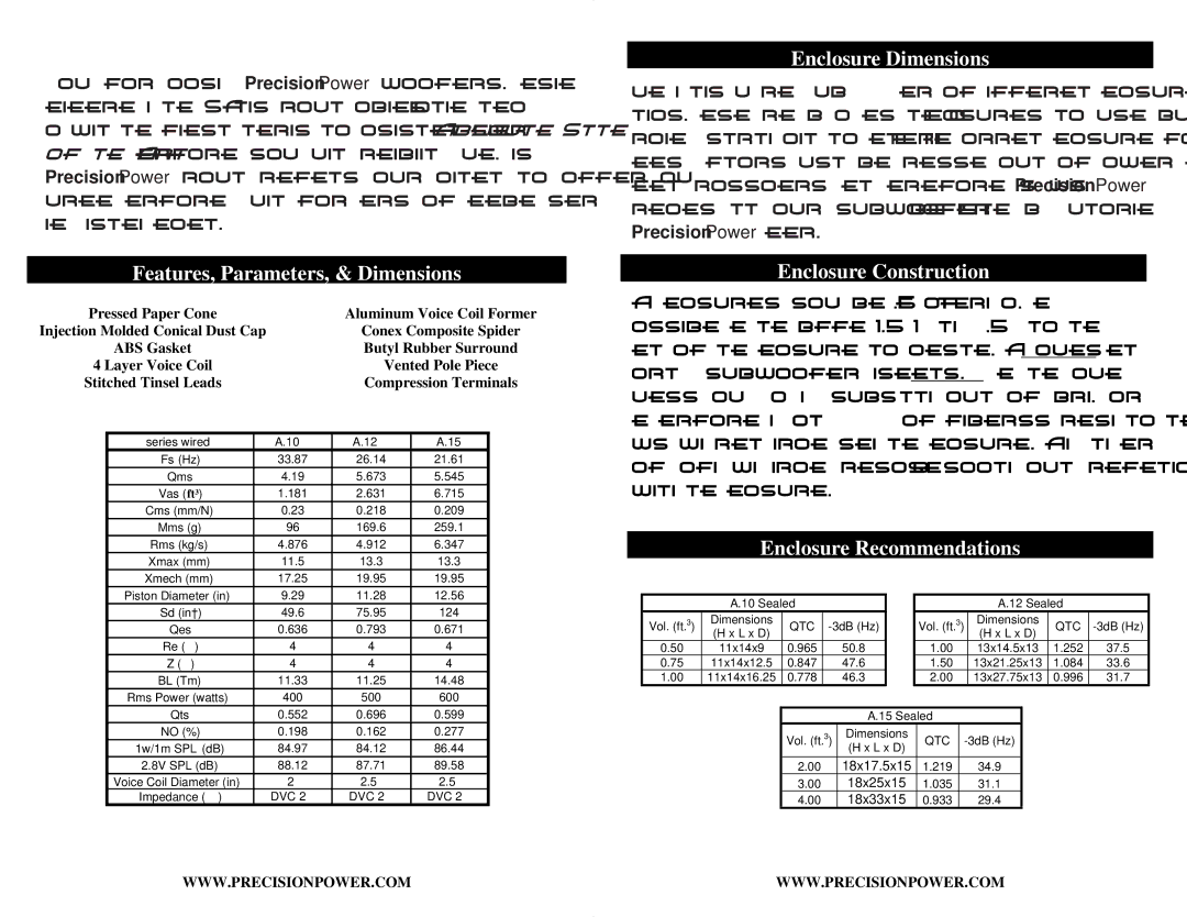 Precision Power A.10, A.12, A.15 manual Features, Parameters, & Dimensions, Enclosure Dimensions, Enclosure Construction 