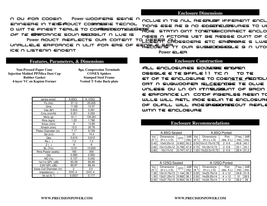 Precision Power A.8SQ, A.12SQ manual Features, Parameters, & Dimensions, Enclosure Dimensions, Enclosure Construction 