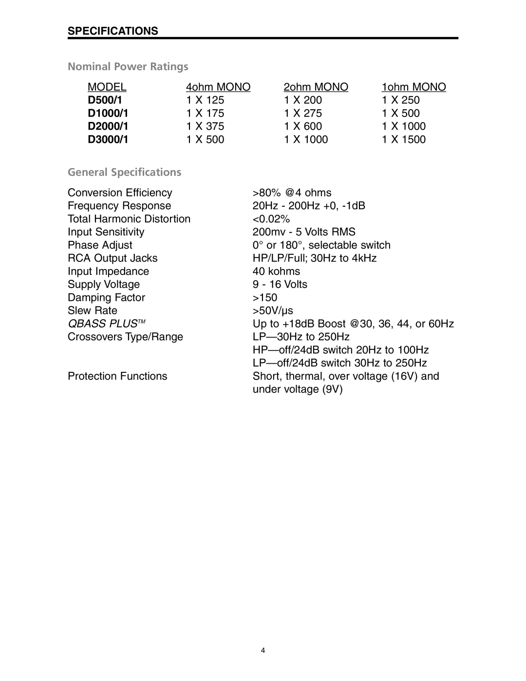 Precision Power D3000/1 manual Nominal Power Ratings, D500/1, D1000/1, D2000/1, General Specifications, Qbass Plustm 