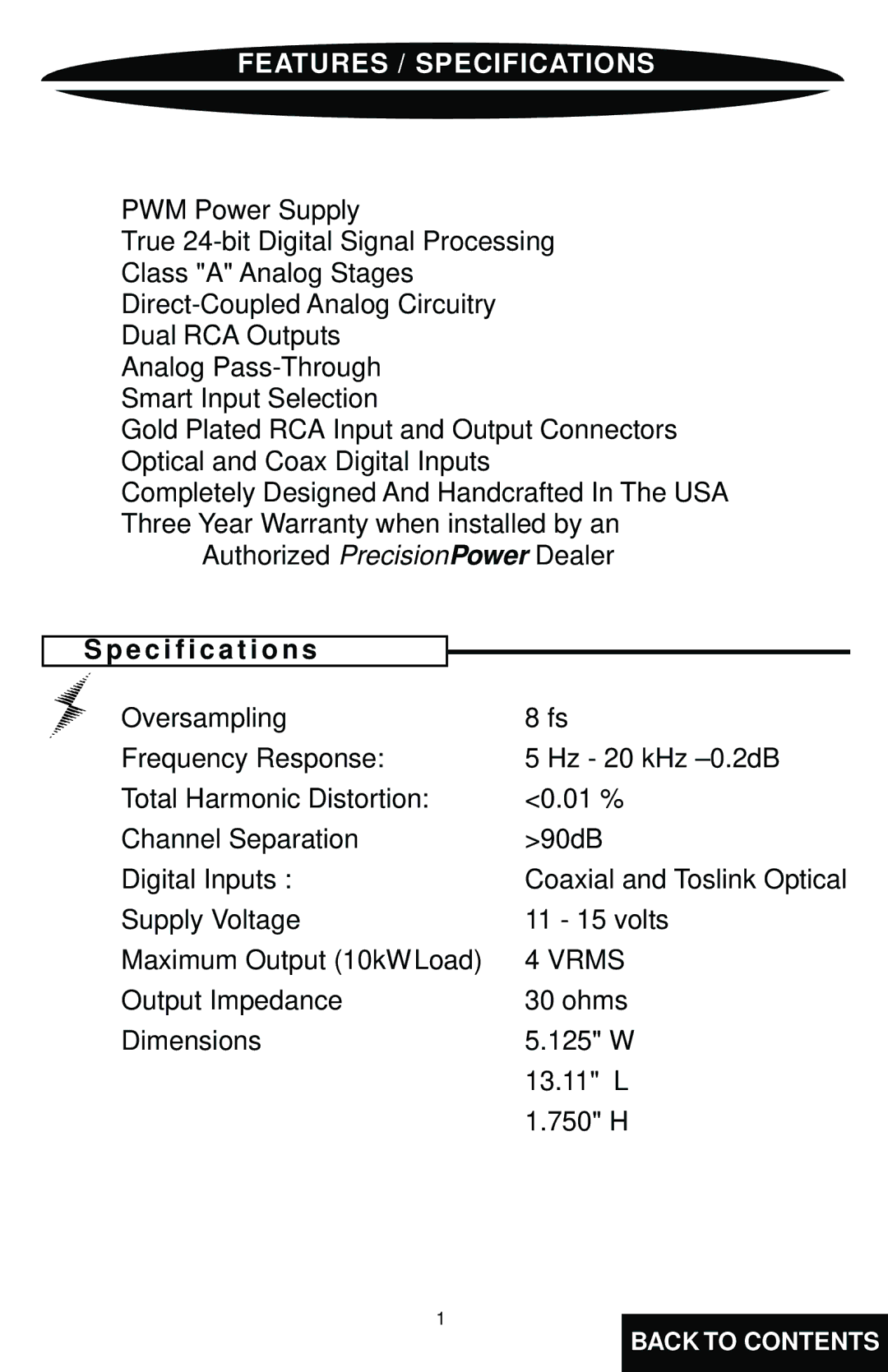 Precision Power DAC348 specifications Features / Specifications, Specification s 