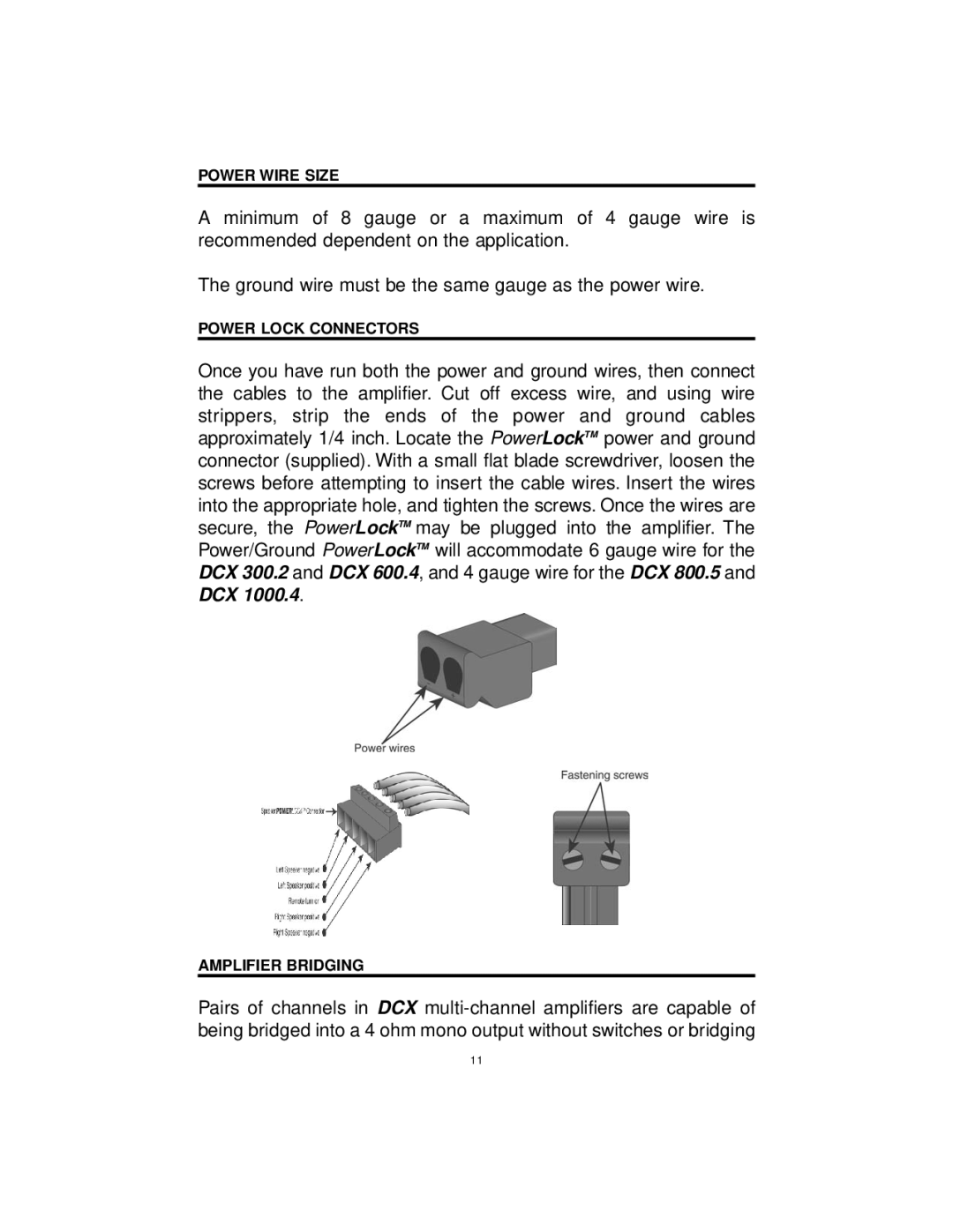 Precision Power DCX 300.4, DCX 800.5, DCX 1000.4 manual Power Wire Size, Power Lock Connectors, Amplifier Bridging 