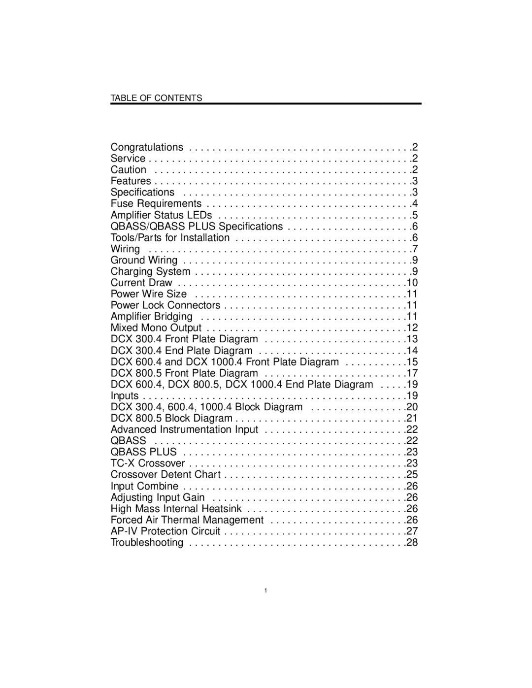 Precision Power DCX 1000.4, DCX 300.4, DCX 800.5 manual Table of Contents 