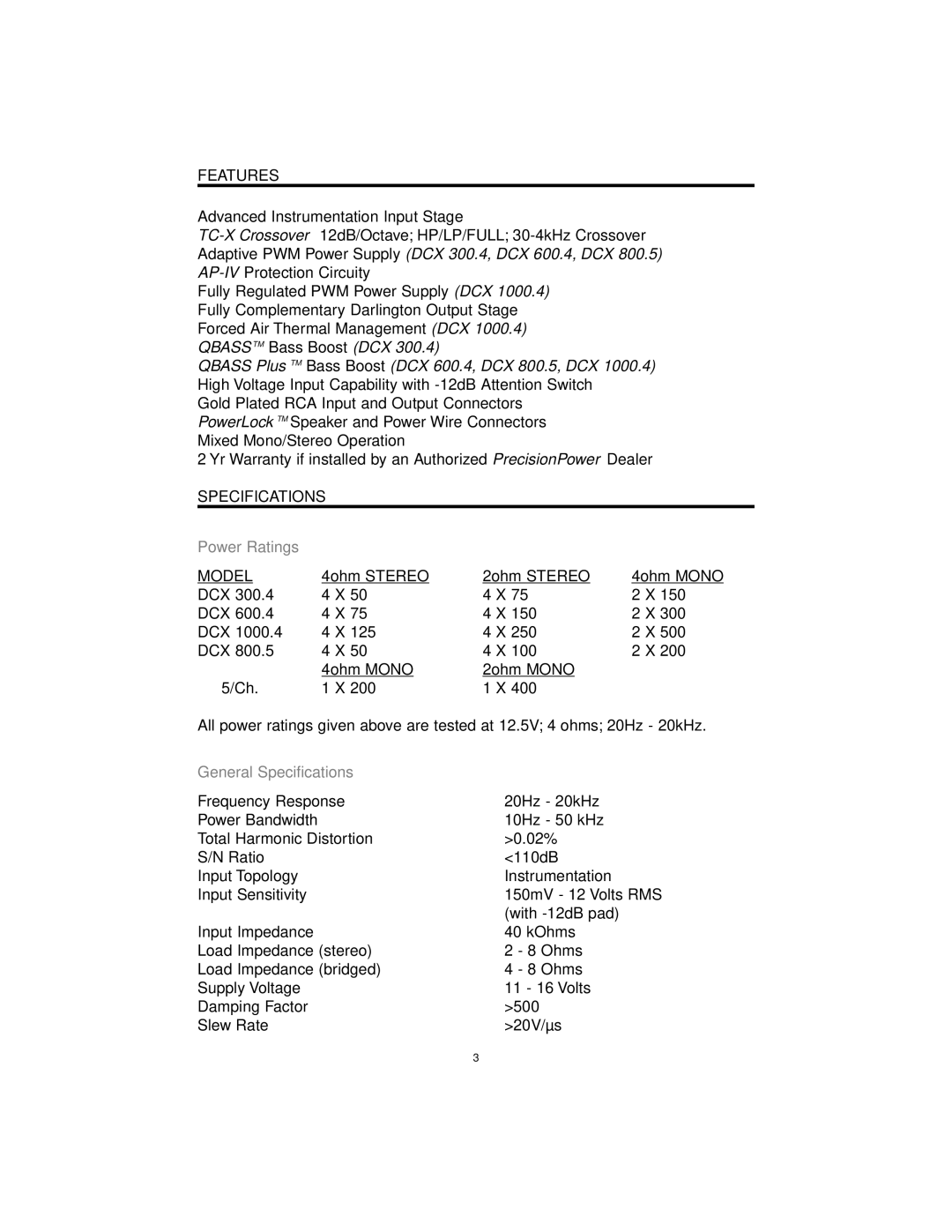 Precision Power DCX 800.5, DCX 300.4, DCX 1000.4 manual Features, Specifications 