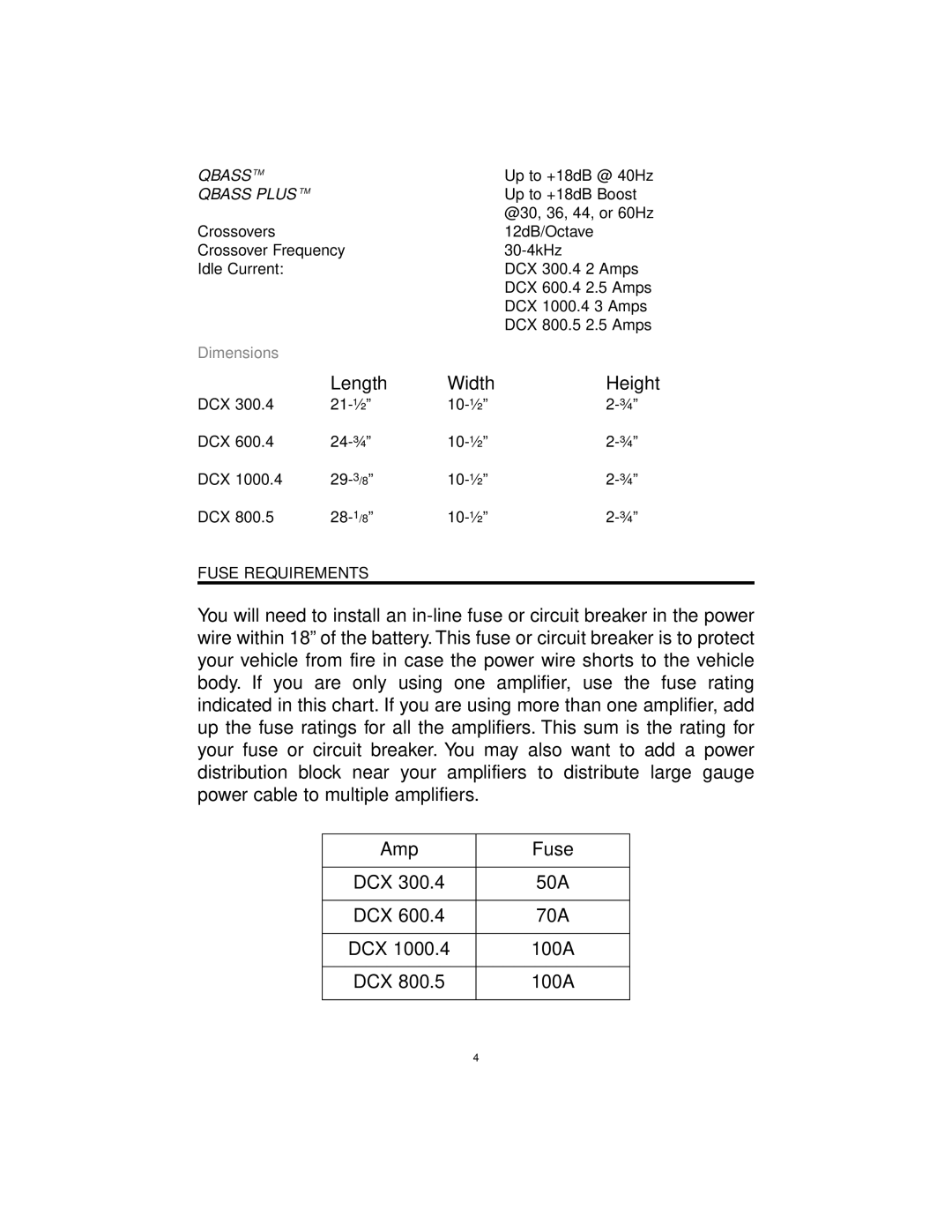 Precision Power DCX 1000.4, DCX 300.4, DCX 800.5 manual Qbass Plustm, Fuse Requirements 