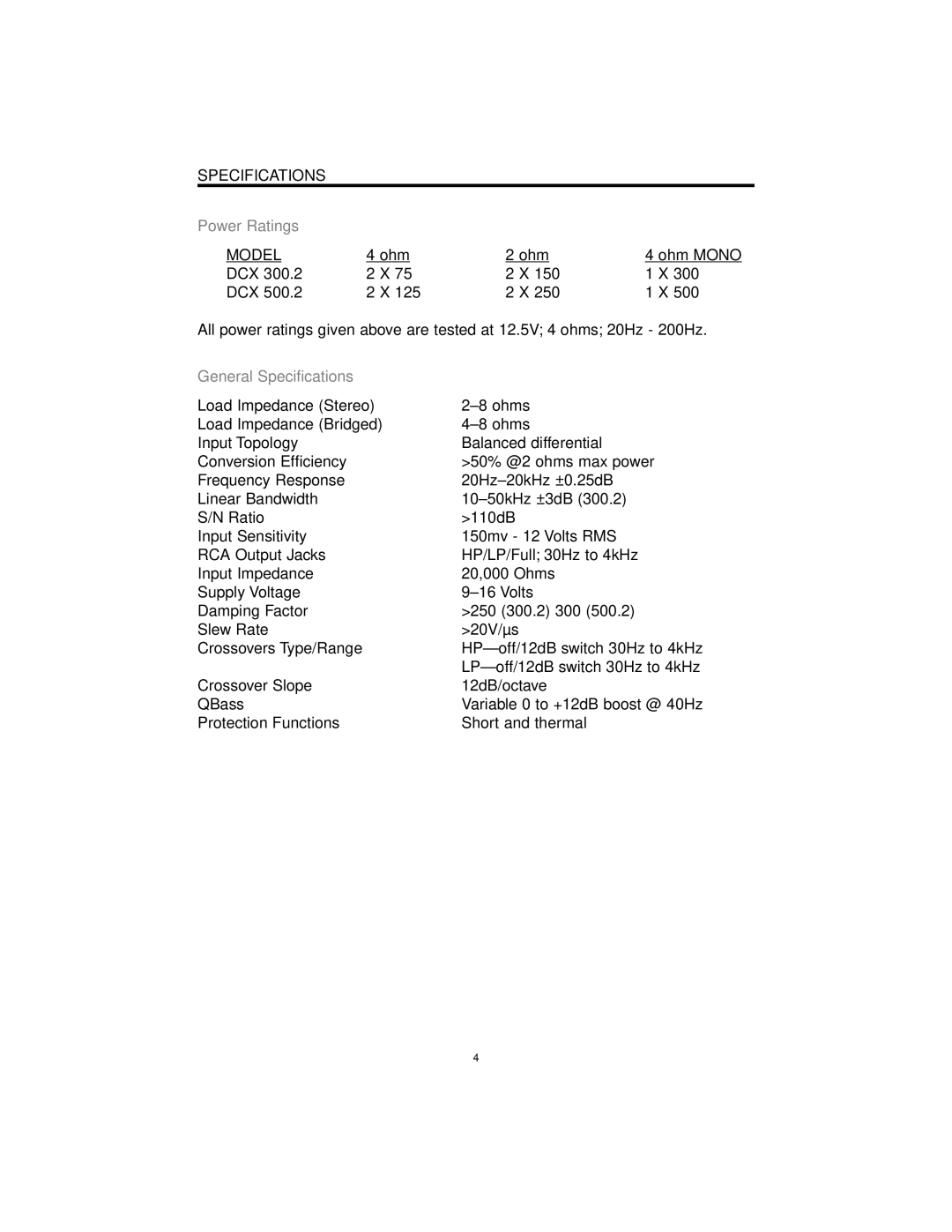 Precision Power DCX 300.2, DCX 500.2 manual Specifications, Power Ratings 