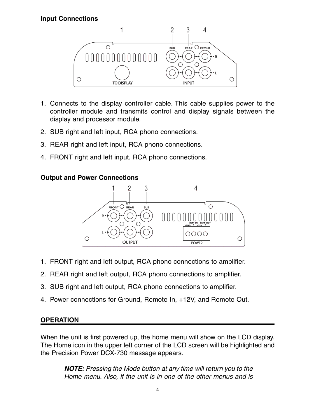 Precision Power DCX-730 manual Input Connections, Output and Power Connections, Operation 