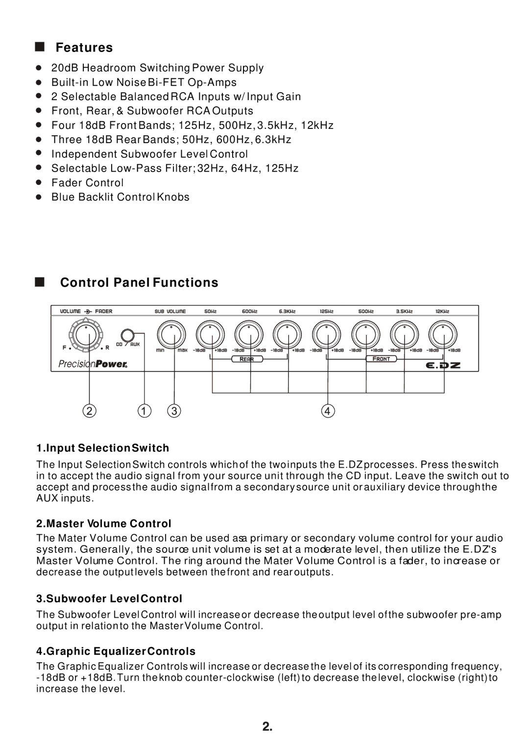 Precision Power E.DZ owner manual Features, Control Panel Functions 