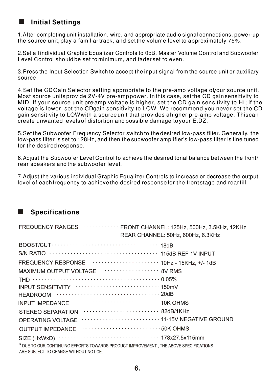 Precision Power E.DZ owner manual Initial Settings, Specifications 