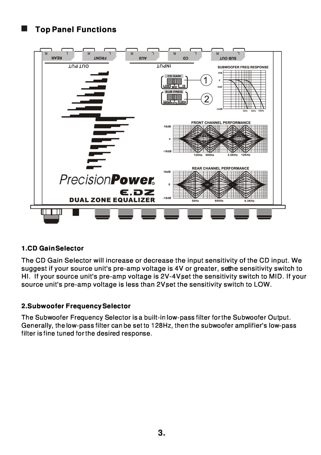 Precision Power E.DZ owner manual Top Panel Functions, CD Gain Selector, Subwoofer Frequency Selector 