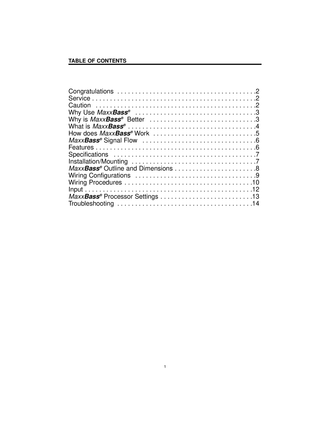 Precision Power MaxxBass manual Table of Contents 