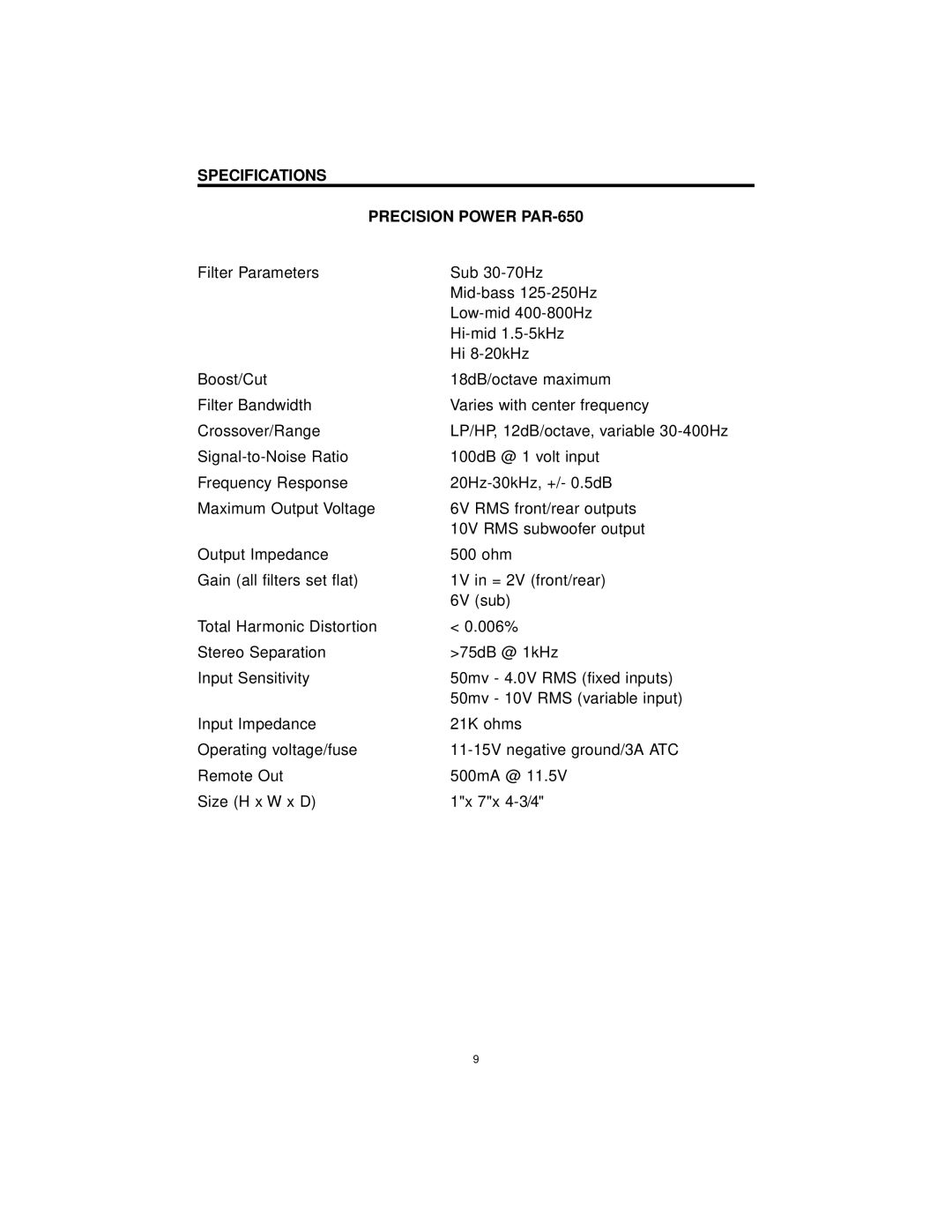 Precision Power manual Specifications Precision Power PAR-650 