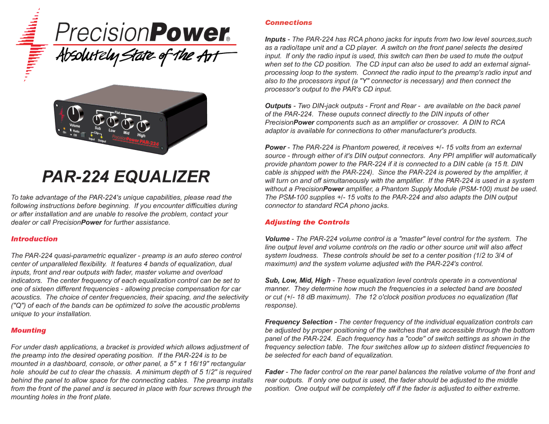 Precision Power PAR224 manual Introduction, Mounting 