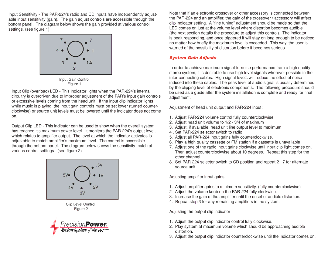 Precision Power PAR224 manual Adjustment of head unit output and PAR-224 input, Adjusting amplifier input gains 