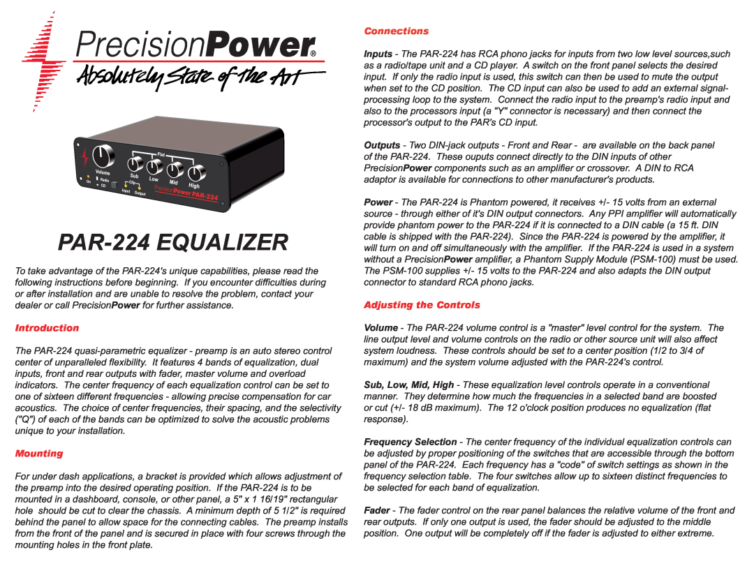 Precision Power PAR224 manual PAR-224EQUALIZER, Introduction, Mounting, Connections, Adjusting the Controls 
