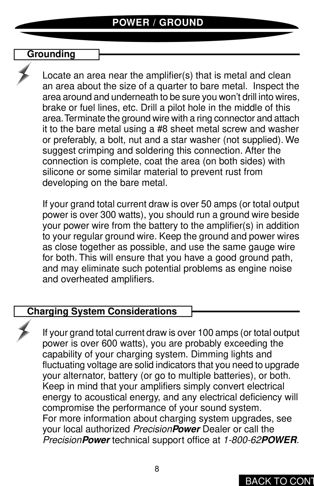 Precision Power PC1400 owner manual Power / Ground, Grounding, Charging System Considerations 