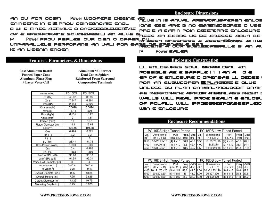 Precision Power PC.15DS, PC.18DS manual Features, Parameters, & Dimensions, Enclosure Dimensions, Enclosure Construction 